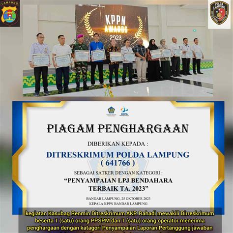 Ditreskrimum Polda Lampung Terima Penghargaan Kppn Award Kategori