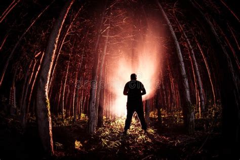 Man Silhouette On Halloween Night In Dark Mysterious Forest With Fog