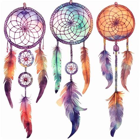 Premium Photo Three Watercolor Dream Catchers With Feathers Hanging