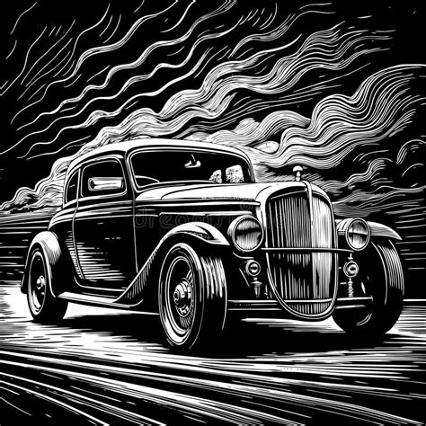 Vintage Hot Rod Car With Flames And Speed Lines Illustration Stock