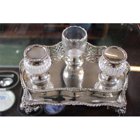 Fine Victorian Silver Inkstand With Pierced Gallery Two Cut Glass