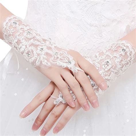 Women Fingerless Bridal Gloves Elegant Short Paragraph Rhinestone White