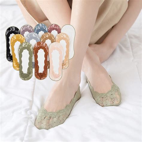 Pairs Summer Lace Women Boat Socks Invisible Non Slip Silicone Cotton