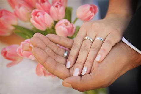 Anillos De Boda En Las Manos Y Ramo De Rosas Foto De Archivo Imagen