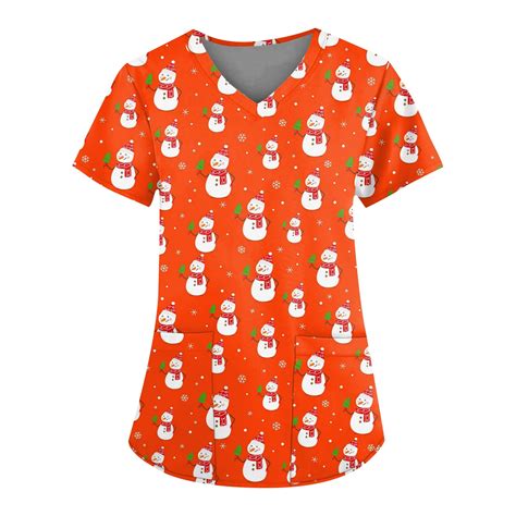 Qcmgmg Womens Scrub Top Christmas Short Sleeve Snowman V Neck Womens