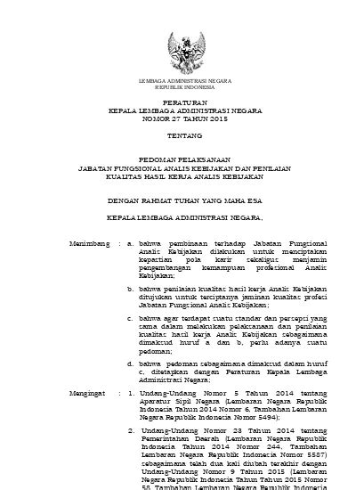 PERATURAN KEPALA LEMBAGA ADMINISTRASI NEGARA NOMOR 27 TAHUN 2015 TENTANG