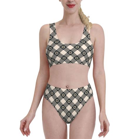 Logiee Daisy Plaid Black Print Women S Piece Bikini Set Halter