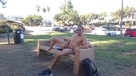 Risky Public Jerking Completely Naked On A Park Bench With Traffic In The Background
