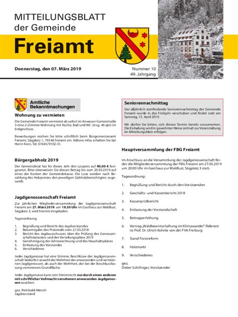 Ausf Llbar Online Mitteilungsblatt Der Gemeinde Freiamt Fax Email