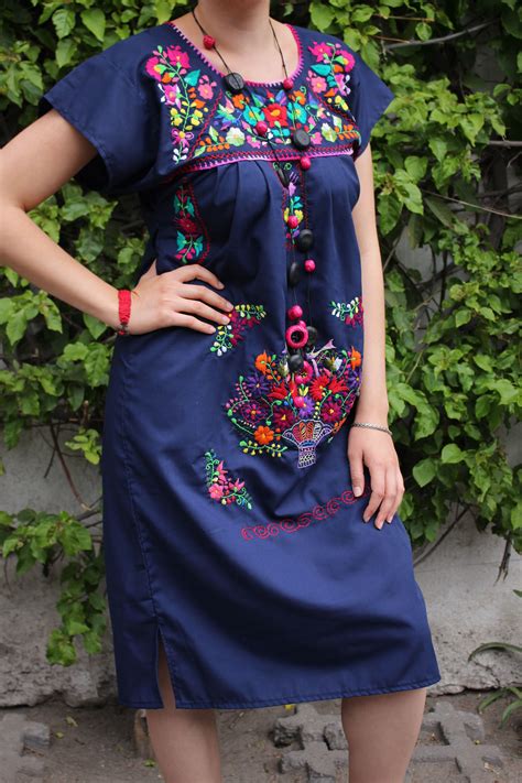 Vestido Tradicional San Gabriel Chilac Puebla Azul Bordado Multicolor