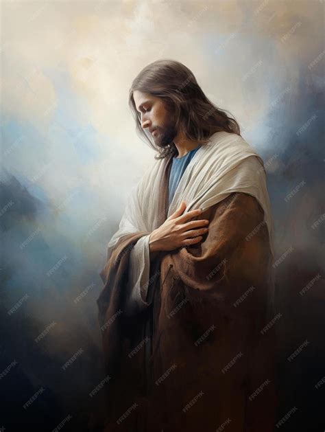 Premium AI Image | a painting of jesus with his hands folded in front ...