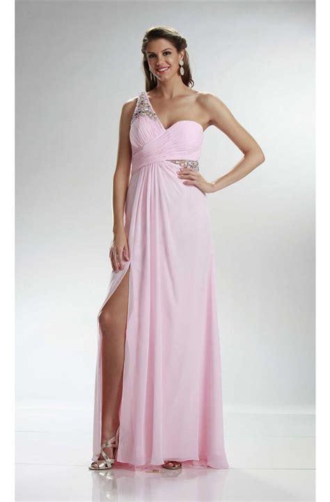 Sheath One Shoulder Side Slit Long Light Pink Chiffon Prom Dress