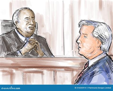 Courtroom Trial Sketch Showing Judge Listening To Argument Of Lawyer