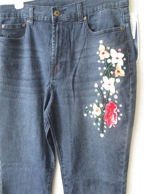 HAND-EMBELLISHED JEANS new , Diane Gilman Denim Blue Floral Embellished ...