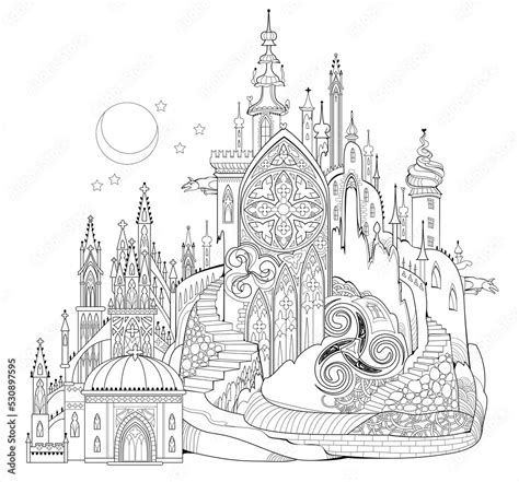 Fantasy illustration of medieval gothic cathedral. Fairyland kingdom ...