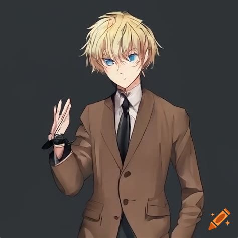 Androgynous Anime Character With Blue Eyes And Blonde Hair In A Brown Suit On Craiyon