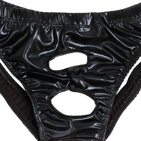 Mens Gay Underwear Wet Look Leather Bikini Briefs Sexy Open Butt Sissy Panties With Holes Homme