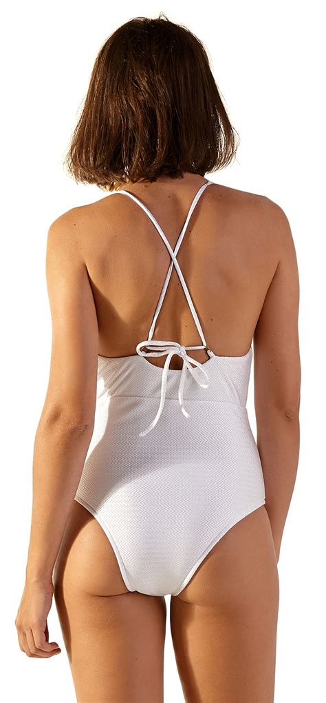 White Textured One Piece Swimsuit With Strappy Neckline Rock Off