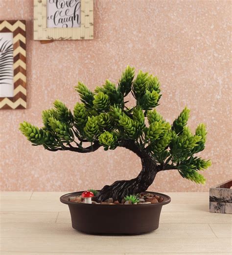 Buy Green Polyester Artificial Bent Bonsai With Tall Bud Shaped Green