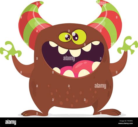 Cool cartoon monster with horns laughing. Vector brown monster ...