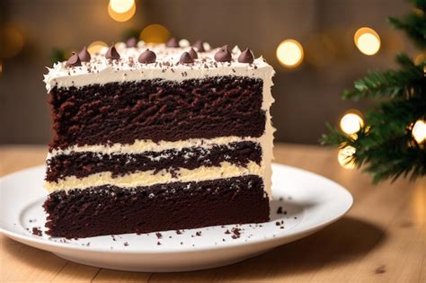 Una Rebanada De Pastel De Chocolate Con Glaseado Blanco Y Virutas De