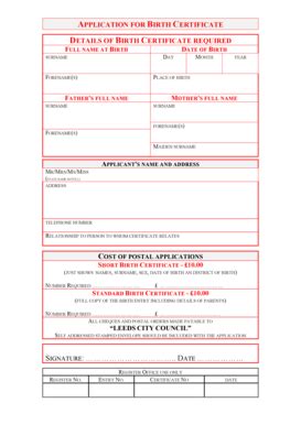 Fillable Online Leeds Gov Birth Application Form Leeds City Council