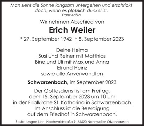 Traueranzeigen Von Erich Weiler Saarbruecker Zeitung Trauer De