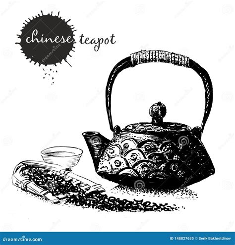 Chinese Teapot With A Cup And Tea Leaves Hand Drawn Chinese Tea