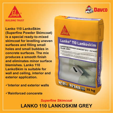 Sika Davco Lanko 110 Lankoskim 20KG Superfine Powder Skimcoat Grey