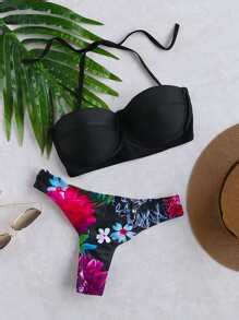 Set Bikini Con Estampado Floral Negro Spanish Shein Sheinside