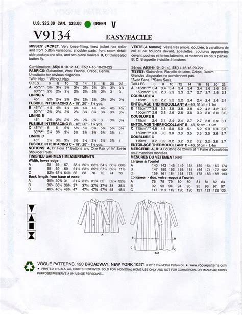 Pick Your Size Vogue Jacket Pattern V Misses Etsy