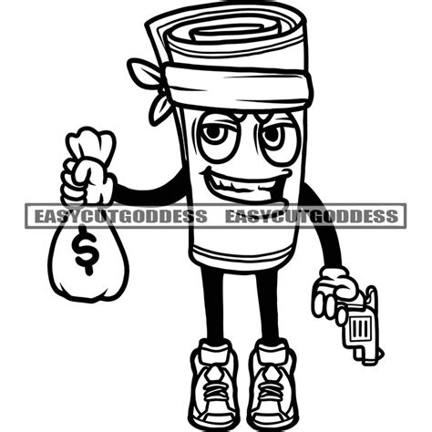 Gangster Money Roll Cartoon Character Holding Money Bag And Gun Vector