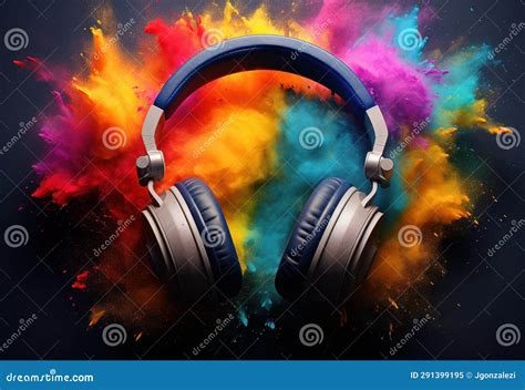 Multicolored Paint Splattered Headphones On Dark Background Stock