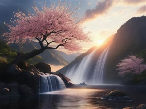 Premium Photo | Cherry blossom landscape wallpaper