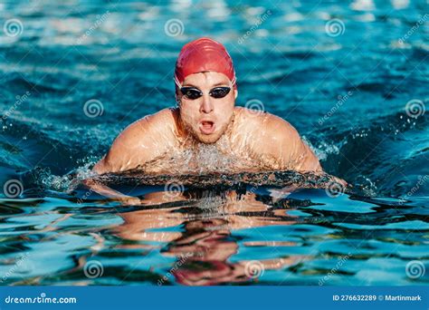 Swimming Male Swimmer Swimming Breaststroke Close Up Portrait Of Man