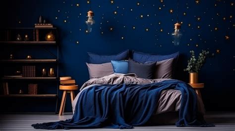 Premium AI Image | interior of dark bedroom with blue and gray walls