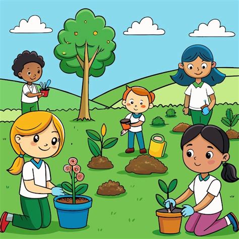 Premium Vector | A cartoon illustration of children planting trees and plants