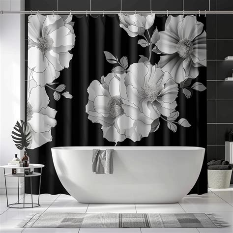 Black And White Floral Shower Curtain Modern Design With Large Grey