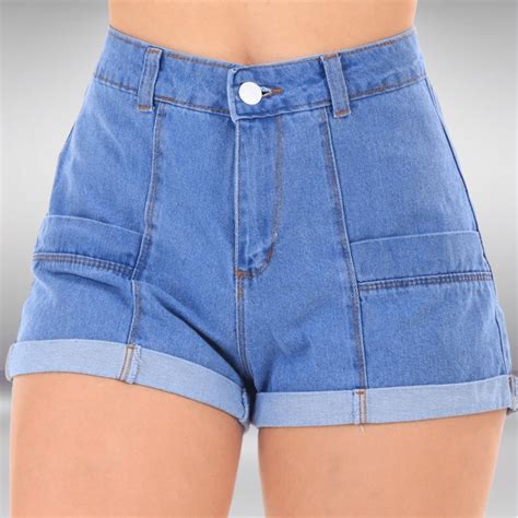 Short Jeans Premium Cintura Alta Hot Pants Barra Dobrada Levanta Bumbum Shopee Brasil