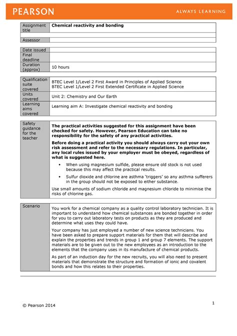 Authorised Assignment Brief For Learning Aim A Unit Chemistry And Our