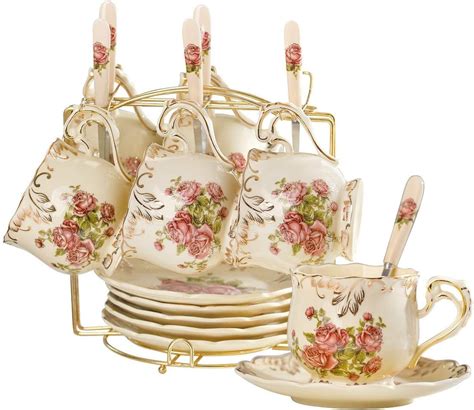 Yolife Flowering Shrubs Tea Cups And Saucers Set Of Tea Set Ivory