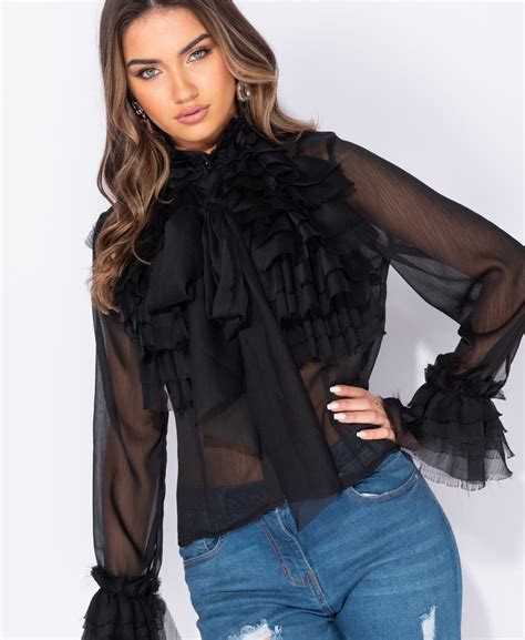 Divas Club De Edle Damen Chiffon Schluppenbluse Mit Volants