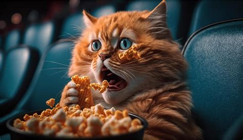 Ginger cat watching a movie in the cinema while eating popcorn AI ...