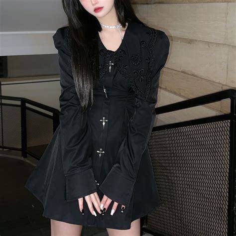 Warelmapo Long Sleeve Plain Lace Trim Mini Shirt Dress YesStyle