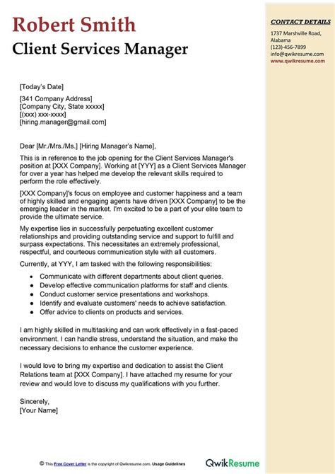 Client Services Manager Cover Letter Examples Qwikresume