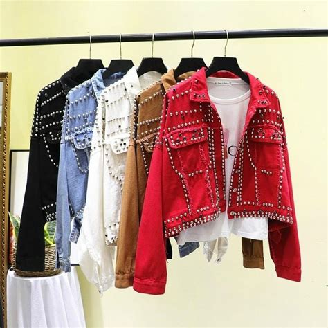 Fall Harajuku Red Denim Jacket Women Coat Heavy Hand Beaded Rivet Short Black Jeans Jacket