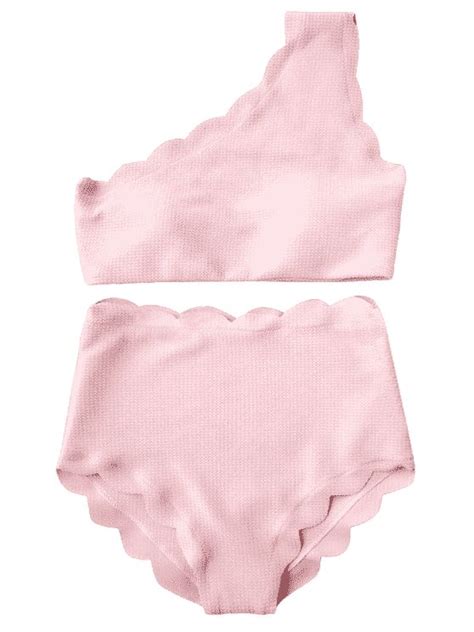 Ad High Waisted Scalloped One Shoulder Bikini Pink Swimwear Type