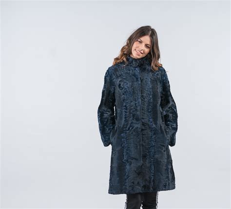 Blue Black Astrakhan Fur Coat -100% Real Fur Coats - Haute Acorn