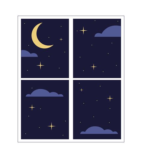 Window night 2D linear cartoon object. Nighttime moon window frame ...