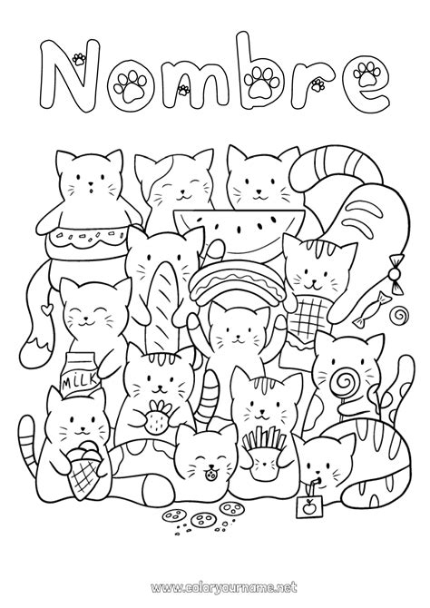 N De Colorear Cat Kawaii Alimento